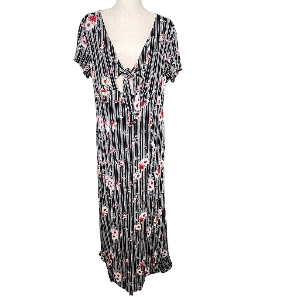 rue21 Women XL Maxi Dress Black White Striped Floral Tie Front Slit Boho Cottage